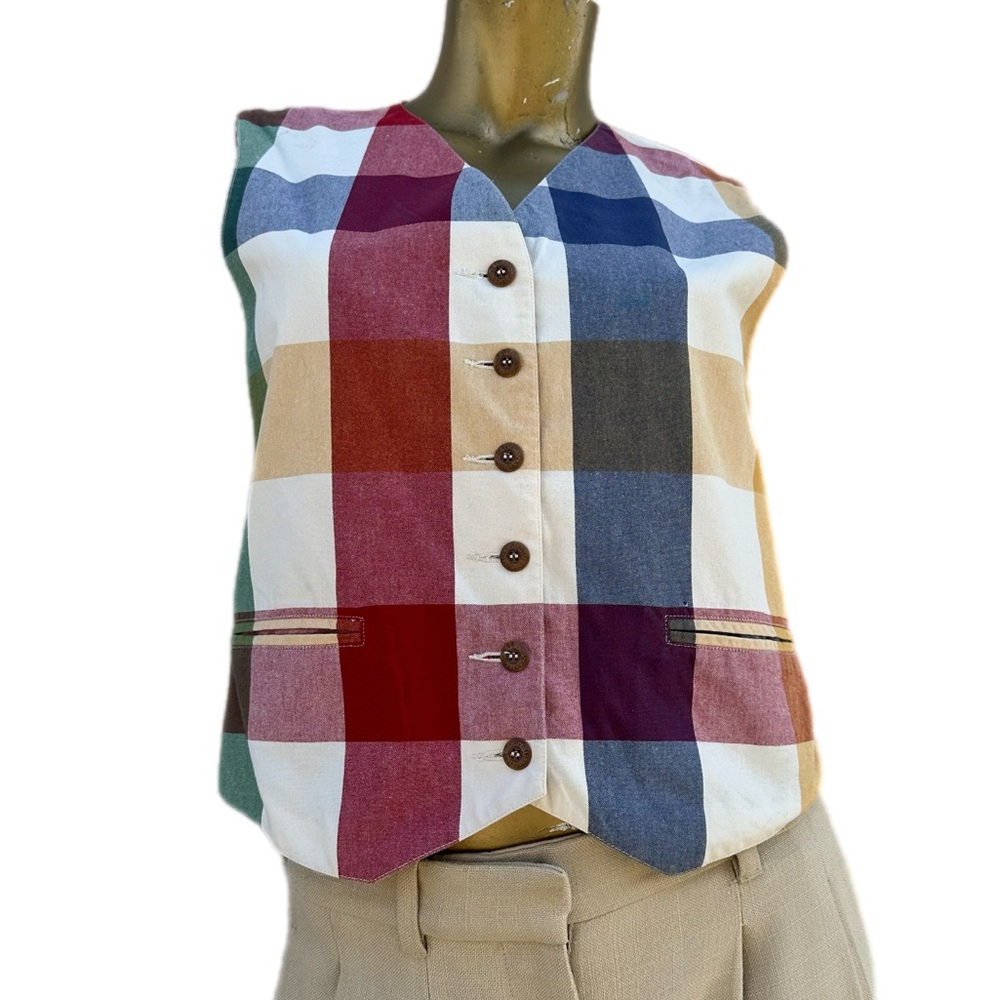 Vintage Liz Sport patchwork Plaid Cotton Vest PM Button Front adjustable Waist